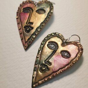 Handmade Heart Face Earrings in Solid Bronze